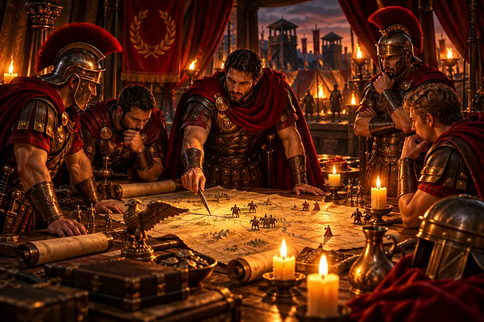 Raad van legionairs rond een tafel met een kaart