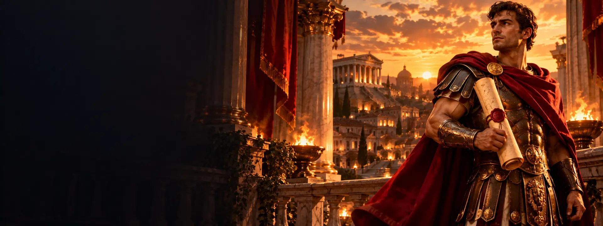 Romeinse koerier met een verzegelde rol voor een stad met zuilen