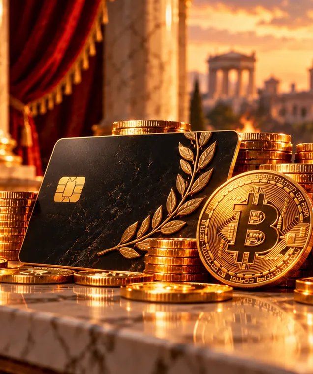 Gouden munten, bankkaart en cryptomunten op marmer
