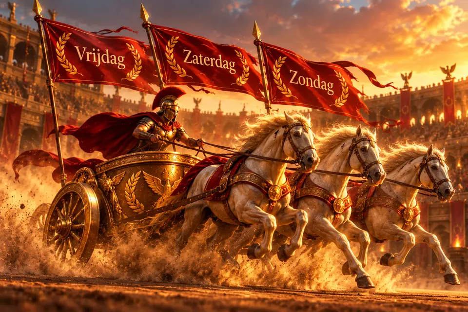 Strijdwagen met vlaggen voor vrijdag, zaterdag en zondag