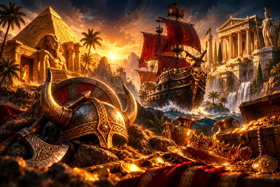 Collage van piramide, vikinghelm, piratenschip en Griekse tempel