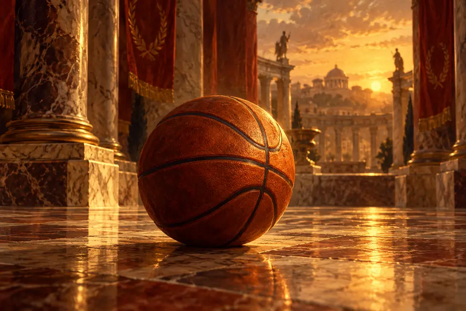 Basketbal op een marmeren vloer tussen zuilen