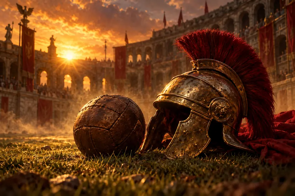 Voetbal en Romeinse helm op het gras van de arena