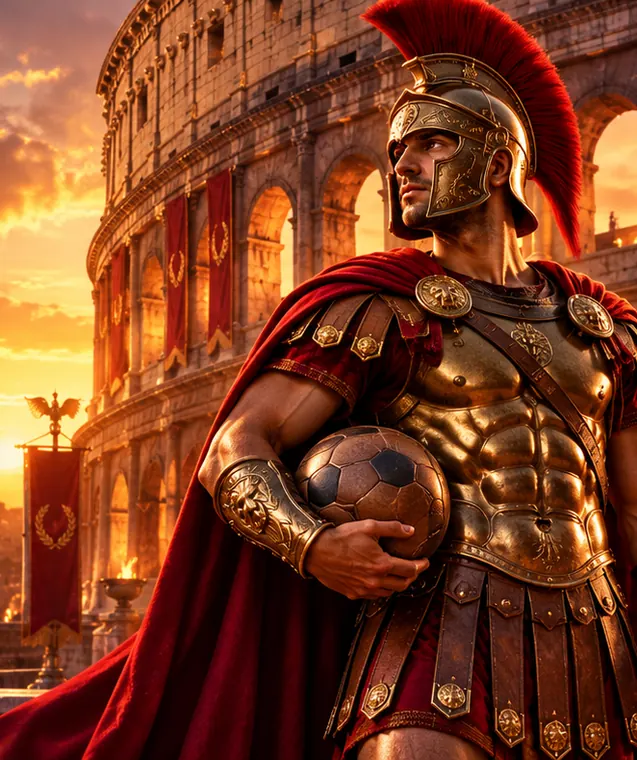 Legionair met een voetbal voor het Colosseum