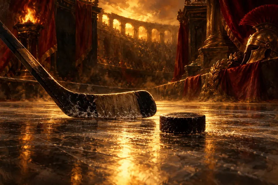 Hockeystick en puck op glanzend ijs